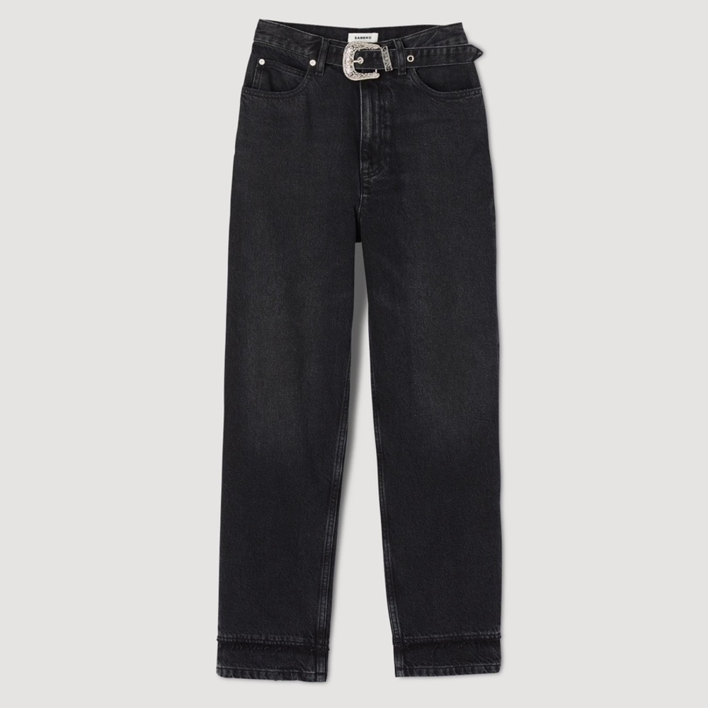 SANDRO women’s Stern Western Belted High Rise Straight Jeans in Black - Picture 2 of 16